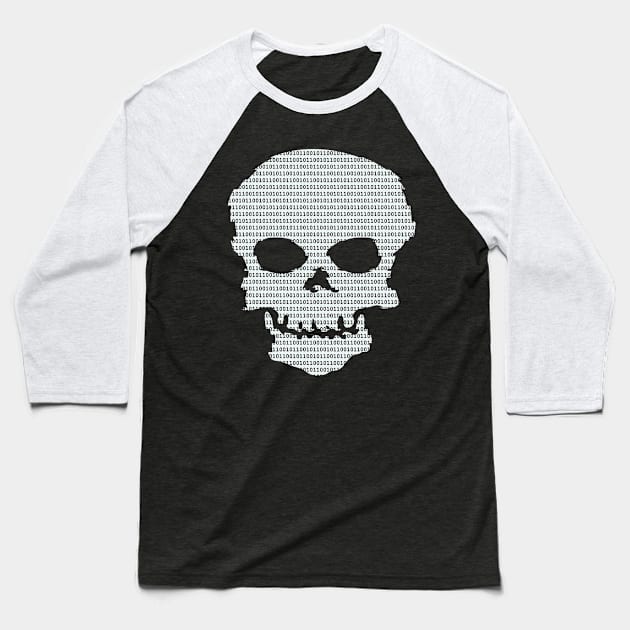 Binary Skull Hacker Baseball T-Shirt by kaliyuga